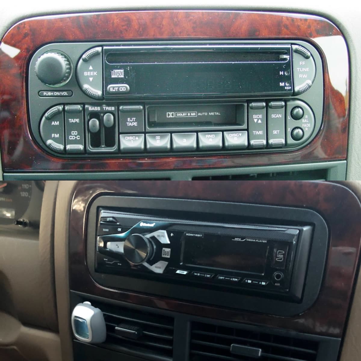 Before and after: Dodge factory radio replaced with a Sony single-DIN radio